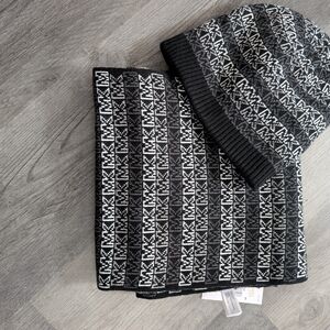 Michael Kors Monogram Black and White Beanie and Scarf